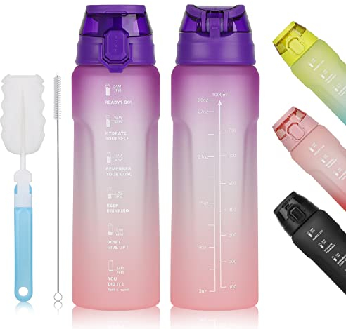 HXC Gourde Sport 1 litre, Bouteille Avec Paille et Marquage de l'heure Plastique Gourde Motivation, sans BPA, Couvercle Anti-fuite, pour l'école, Fitness, Plein Air, Randonnée