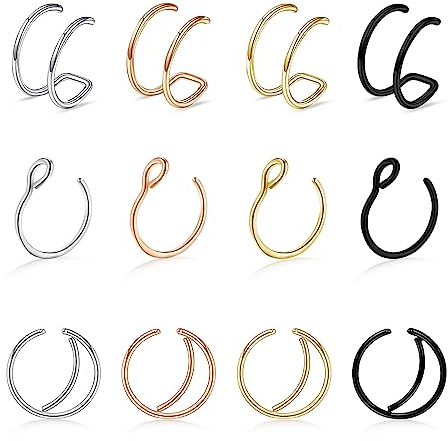 Kucheed 12 Pièces Faux Anneaux de Nez, Poignets Réglables à Double Anneau de Nez à Double Cerceau,Faux Nez Anneau Cerceaux Boucles D'oreilles,Helix Cartilage Septum Perçant Bijoux pour Femmes Hommes