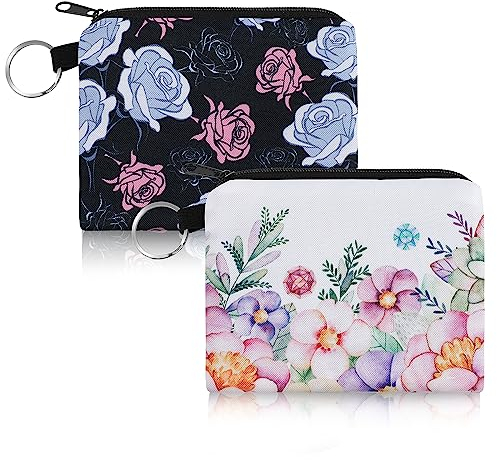 WLLHYF 2 Stück Reißverschluss-Wechseltasche, Blumen-Münztasche, Segeltuch, praktische Geldbörse, Reise-Kulturbeutel, Organizer, Geldbörse, Schlüsselanhänger, Brieftasche, Federmäppchen (Stil 2)