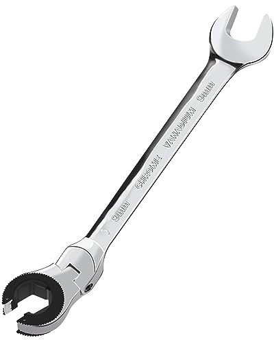 LOSCHEN 1 PC 9mm Open Flex-Head Ratcheting Wrench, Metric Ratcheting Spanner with 83 Teeth, Chrome Vanadium Steel Tubing Ratchet Spanner