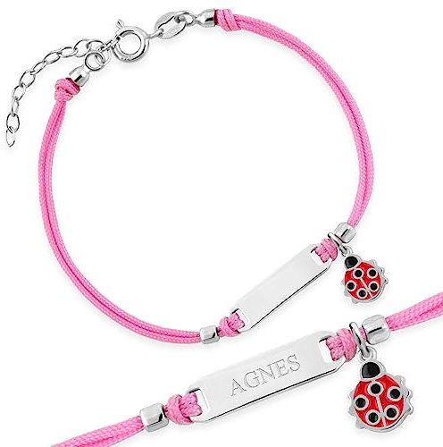 Maverton Bracelet Cordon en Argent Sterling 925 gravé - Bijou pour Enfant avec Boîte Personnalisable - Bracelet personnalisé - pour bébé - Fille - Anniversaire - baptême - Rose - Coccinelle