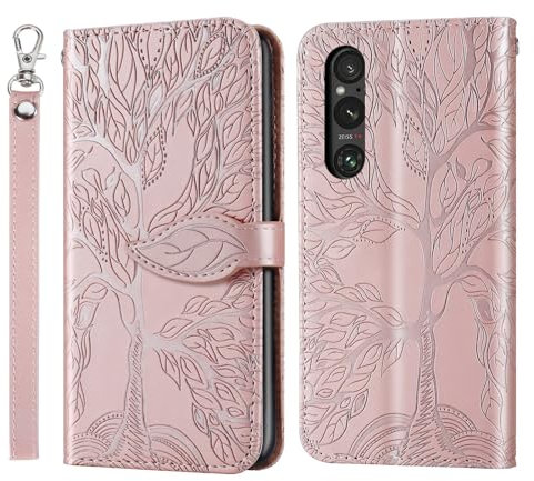 Rostsant Coque Sony Xperia 1 V 2023 - Étui Portefeuille en Cuir PU avec Arbre en Relief, Fermeture Magnétique et Rabat - Or Rose