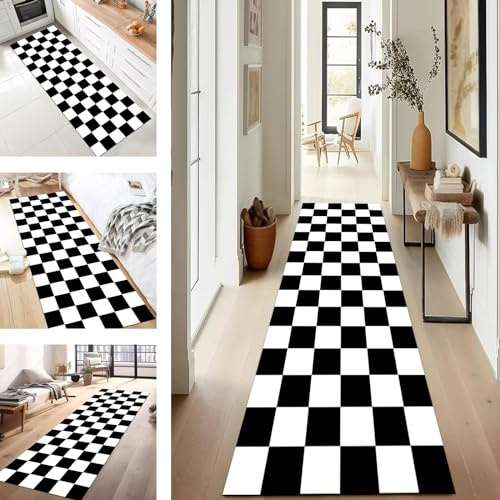 Teppich Läufer für Küche Rutschfest Waschbar 60X450CM Moderne Küchenteppich Schwarz Weiß Anpassbar Teppichläufer Meterware Korridor Teppich Schlafzimmer Fußmatten Wohnzimmer Esszimmer Flurläufer