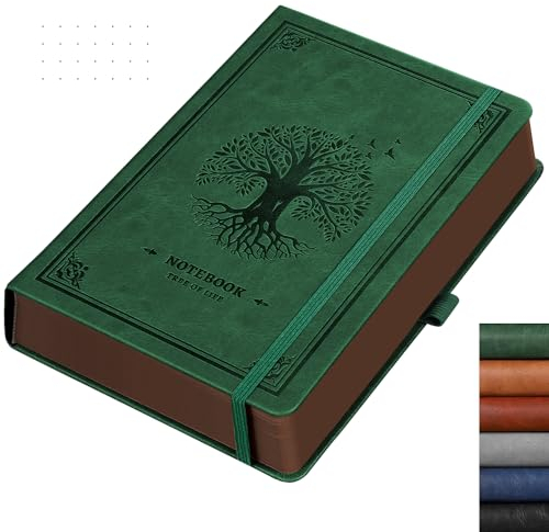 RETTACY A5 Dotted Journal Notebook, Hardcover Leather Bullet Dot Grid Journal, 256 Pages for Writing, Inner Pocket, 120gsm Paper, for Women Men Note-taking, Doodling,14.5 x 21cm-Dark Green