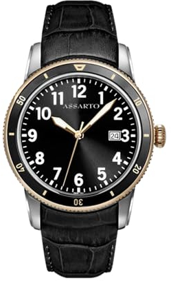 ASSARTO® - Herren Uhr Schwarz/Gold mit Schweizer Quarzwerk 316L Edelstahl Gehäuse & Leder-Armband - Männer Herrenuhr & Armbanduhr mit Datumsanzeige (Oceantime Serie) analog wasserdicht