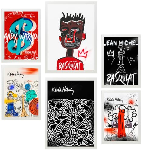 Nacnic 6er-Set Grafiti Pop Basquiat Warhol Gerahmtes Poster mit Design-Illustrationen zur Dekoration der Wände Ihres Zuhause Zimmer Büro Laden Malerei A3 & A4 Weißer Rahmen