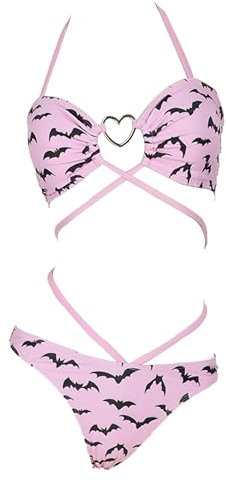 Meowcos Bikini-Set, Gothic-Stil, Fledermaus-Design, Badeanzug, Herzschnalle, Neckholder, Schnür-Top und Triangel-Slip, Badeanzug, Bademode, Pink, Medium