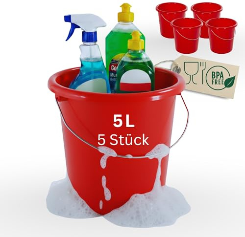 Novaliv Stück Eimer 5L Rot mit Maßeinteilung Putzeimer Liter 22,5 cm Praktischer Allrounder mit Skala für Haushalt Garten ideal als Haushaltseimer, Wassereimer, Wischeimer, Bucket