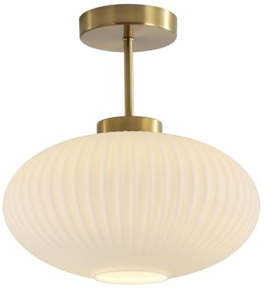 KCO Lighting Deckenleuchte, weiß, geripptes Glas, halbbündige Montage, große Milchglas-Deckenleuchten, gebürstetes Gold, bündige Montage, Badezimmerleuchte, Mitte des Jahrhunderts, moderne