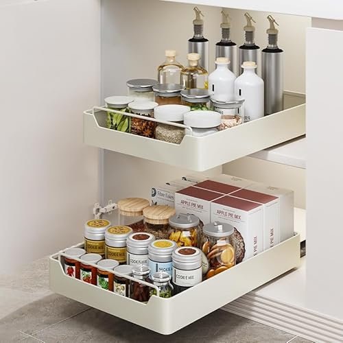 Pull out Cabinet Organizer Fixed with Adhesive Nano Film, Heavy Slide Out Drawer Storage Shelves, White Sliding Drawer Pantry Shelf for Kitchen, Home, 1 Pack(30CM W x 43CM D x 7CM H)