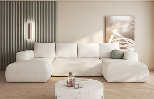 Easy4You Lami Creme Ecksofa U-Form 338 x 89 x 164 cm mit Schlaffunktion und Stauraum - Schlafsofa mit Bettkasten - Moderne Wohnzimmermöbel – Stoff: Boucle 08
