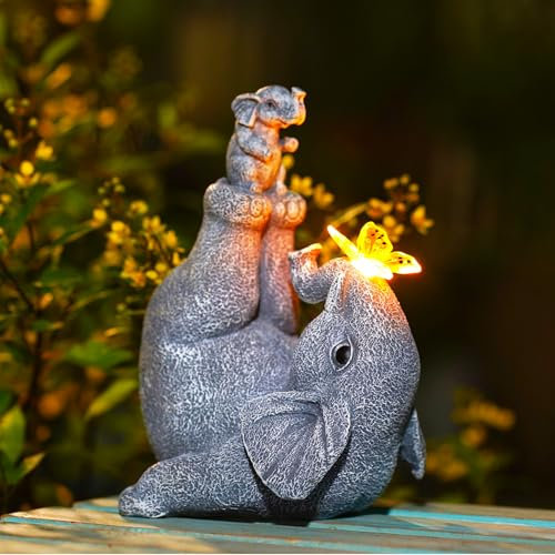 Yeomoo Elefanten Figuren mit Schmetterlinge Gartendeko: Elefant mit Elefantenbaby Solar Figuren Deko für Außen Garten Lustige Geschenke für Frauen Mama Männer Geburtstag Wetterfest Balkon Zimmer Deko
