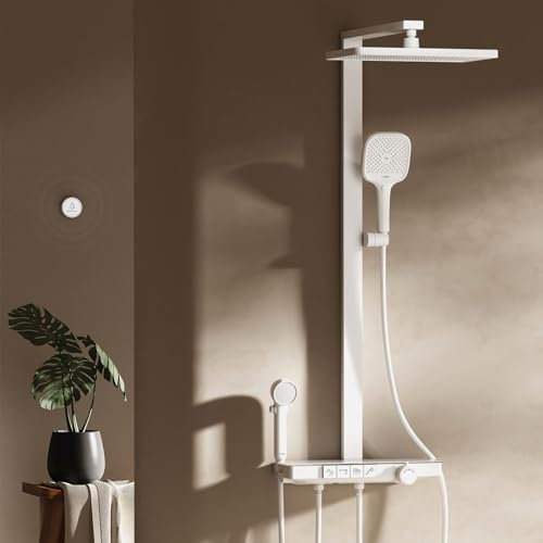 EMKE Colonne de Douche Thermostatique,Blanc Mat, 4 en 1: Pommeau de Douche, Douchette Enfant, Bec Cascade. Filtration, Préréglage, Affichage Numérique. Design Moderne pour Salle de Bain