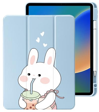 Cute Kawaii Bunny for iPad Air 11 Inch Case 7th/6th Generation (M3/M2) 2025/2024 with Pencil Holder, Auto Sleep/Wake, Blue Leather Clear Acrylic Back Cover
