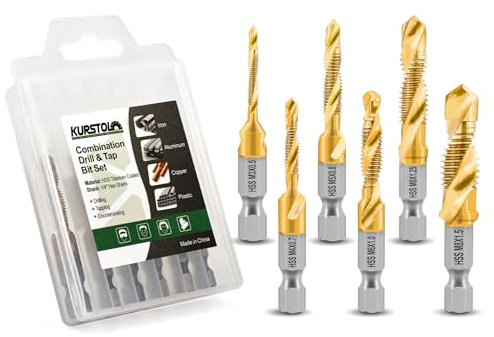 KURSTOL HSS Forets Taraudeurs - 12 pièces Métriques Forets Combinés pour Perçage Taraudage Fraisage Métal Aluminium Cuivre, Tige à Changement Rapide