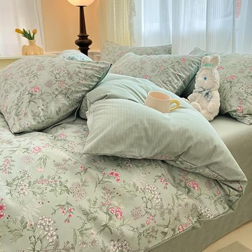 Tospass Blumen Bettwäsche Set 135x200cm Grün Rosa Bunt Blätter Pflanzen Floral Mädchen Wendebettwäsche Mikrofaser Blumenmuster Bettbezug mit Reißverschluss und Kissenbezug 80x80cm