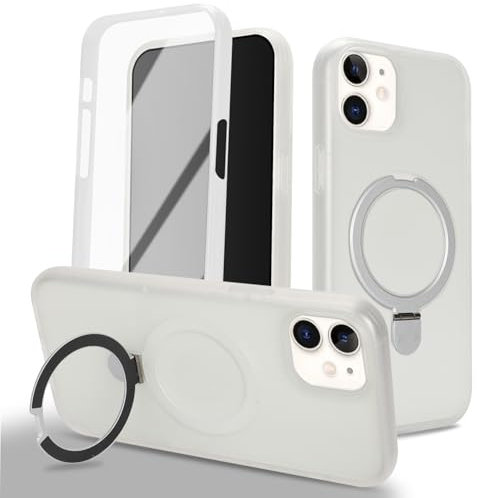 Zouzt for iPhone 12 Matte Case and Screen Protector 12 Pro Case with Glass Screen Protector 360 Full Body Protective Shockproof Frosted Stand Phone Case, Anti-Fingerprint - Off White