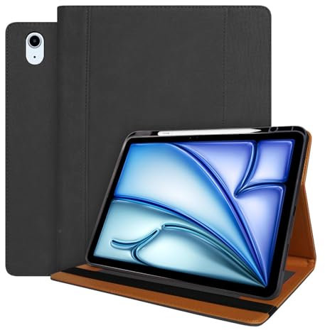 World biz Étui en cuir pour iPad Air 13 M3/M2 (2025/2024), support de visualisation multi-angle en cuir de qualité supérieure avec porte-crayon et emplacements pour cartes, mise en veille/réveil