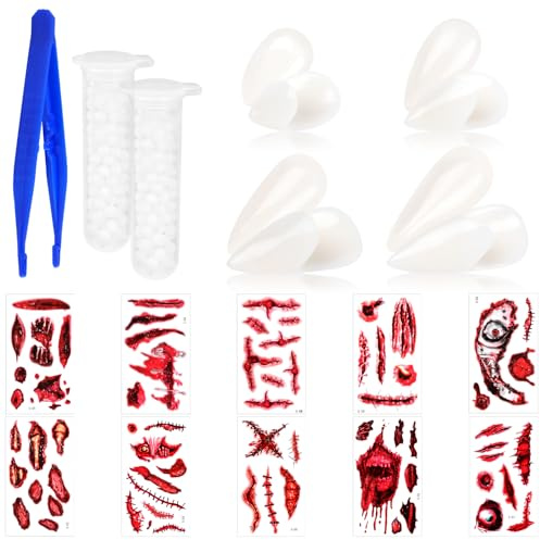 VEYLIN Vampire Teeth Fangs Halloween Costume Vampire Fangs Set with 4 Sizes, Fake Blood Scar Tattoos Teeth Pellets Adhesive for Halloween Cosplay Costume Props(13mm 15mm 17mm 19mm)