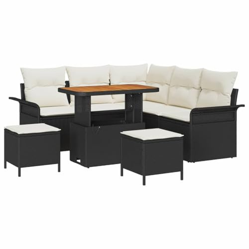 vidaXL 8-teiliges Garten-Sofa-Set mit Kissen in Schwarz aus Poly-Rattan und Akazie – Modulares Outdoor-Möbel für die Terrasse, ideale Sitzgelegenheit für entspannte Stunden