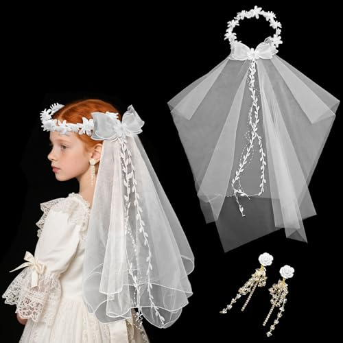 Couronne De Cheveux Pour Communion Et Fille, Couronne Fleur Cheveux Enfant Et Boucles d'Oreilles Pendantes, Decoration Communion Fille, Bijoux Cheveux Mariage, Pour Mariage, Anniversaire, Fête