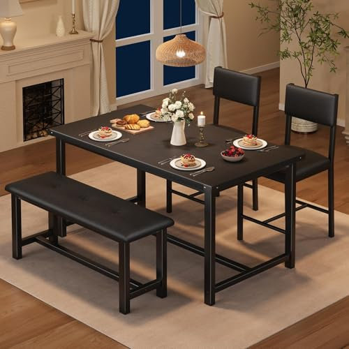 Esstisch 4er-Set, Küchentisch mit Bänken und 2 Gepolsterten Stühlen, Holz Küchentisch-Set für für Esszimmer und Küche, Wohnung,Robuste Rahmen, Schwarz,113x70x75cm