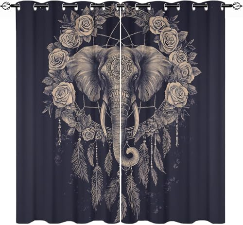 Schlafzimmer Verdunklungsvorhänge Gardinen 2er Set H166 x B75 cm Indischer Elefanten-TraumfäNger Vorhänge Blickdicht mit Ösen Wärmeisolierend Schwarz Vorhang für Wohnzimmer Kinderzimmer Wohndeko