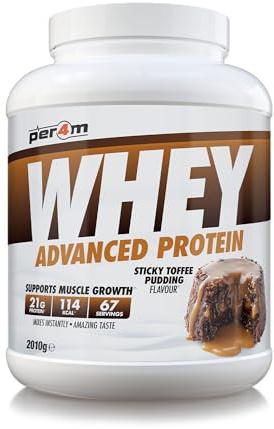 Per4m Whey Protein Powder | High Protein Shake for Muscle Growth & Recovery | Low Sugar Gym Supplement | Sports Nutrition Drink + Amino Acids (2010g, Sticky Toffee Pudding)