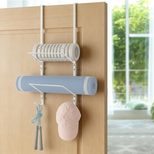 Zonon 3 Tier Over-the-door Yoga Mat Storage Hanger Iron Yoga Mat Organizer Rack Home Gym Storage with Metal Hooks for Foam Rollers & Home Gym, Extra Space Saving