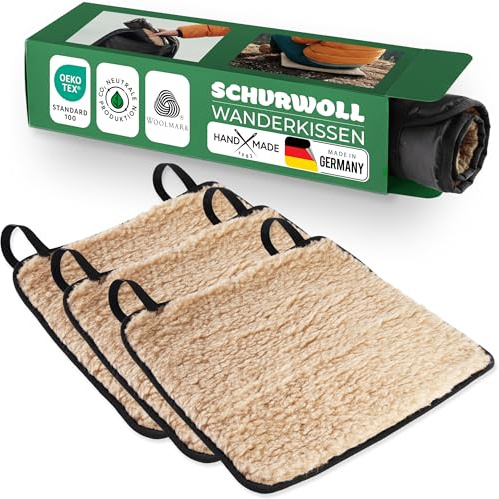 Novaliv 3er Set Trekking Sitzkissen 38 x 38 cm Hellbraun, Wander-Sitzauflage Wolle, Polyamid-Rückseite wasserabweisend, PU-beschichtet, warmes Thermo-Sitzkissen, kompakt - Wandern, Hütte, Parkbank