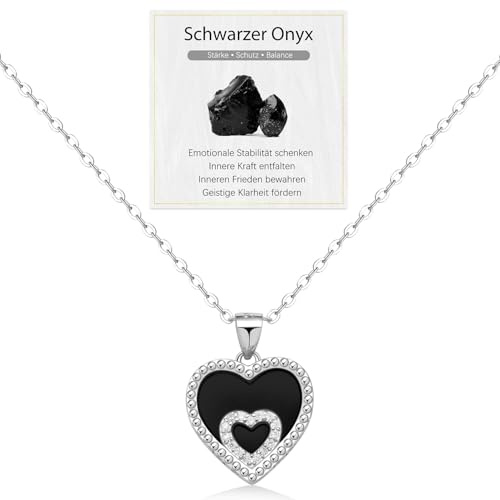 J.Endéar Natürlicher Onyx & Perlmutt Herz-Anhänger, 925 Sterlingsilber Halskette für Damen mit Schutzstein – Geschenk zum Valentinstag, Geburtstag oder Hochzeitstag (mit Bedeutungskarte)