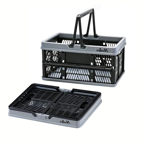 ZHJINGYU Klappbox Plastik Mit Griff 38x25x20cm Schwarz 2er Pack | Klappkorb aus plastik mit griff, auch als praktische klappbox nutzbar, ideal für küche, schlafzimmer, badezimmer und büro