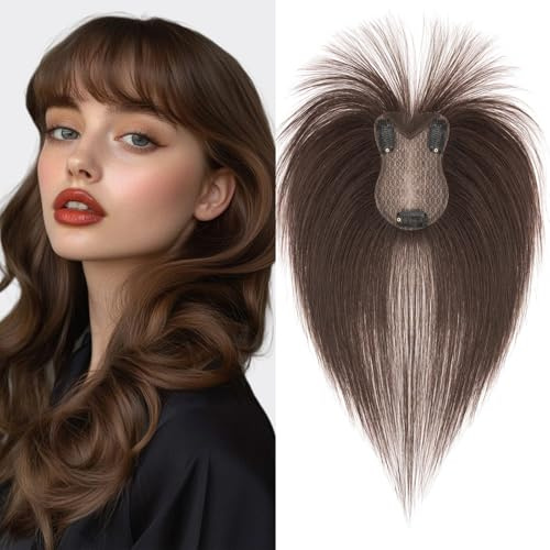 S-noilite Damen Toupet 100% Echthaar Remy Haarverlängerungen Clip in Topper - Toupets für Frauen mit Wispy Pony #2 Dunkelbraunz 21 Gramm