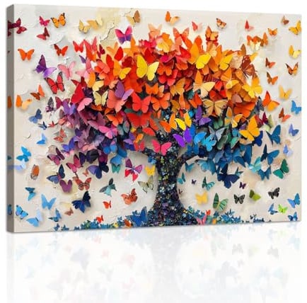Farbenfrohe Schmetterlinge Bäume Leinwandbilder Mit Rahmen, Abstrakt Orange Rot Bäume Bild Auf Leinwand Abstrakt Baum des Lebens Wandbilder Zuhause Wanddeko für Büro Wohnzimmer Schlafzimmer 40x60cm