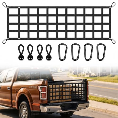 Red para Portón Trasero de Camioneta, Red de Carga Malla Resistente 152x46cm, con 4 Mosquetones y Correas Elásticas, Red Maletero de Coche para Pick-up SUV y Remolque, Capacidad 680kg