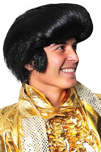 King of Rock and Roll Perücke, für Erwachsene, Schwarz Quiff-Perücke, mit Seitenbrunnen, Popadour-Perücke, Kostüm, 6 Stück