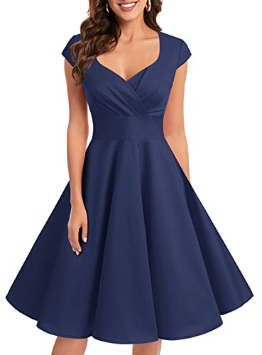 Bbonlinedress Robe Femme de Soirée Cocktail Vintage Femme Chic Courte pour Mariage Invité Gala Fête Témoin Anniversaire Col Carré Navy 2XL