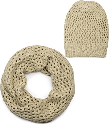 styleBREAKER Strick Loop Schal und Mütze Set, Loch Muster Strickschal mit Beanie Strickmütze, Winter, Unisex 01018210, Farbe:Creme-Beige