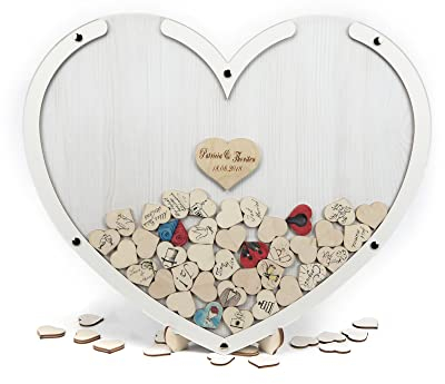 Laserano Edles Hochzeitsgästebuch, Herzform, Holz Herzchen - Personalisierbar mit Wunschgravur (Dekor Eiche WEIß, L - 50 x 40 cm)