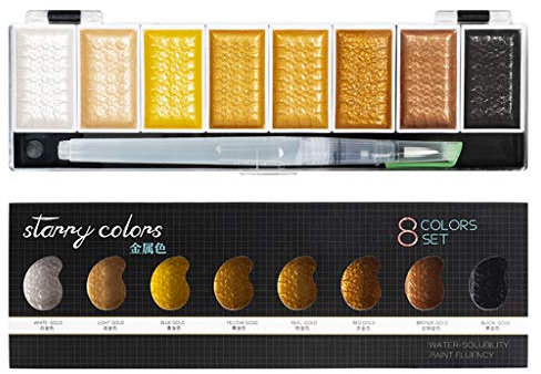 S-TROUBLE 5/8 Couleurs Solide Aquarelle Métallique Or Pigment Peinture avec Brosse pour Artiste Peinture Aquarelles Art Fournitures