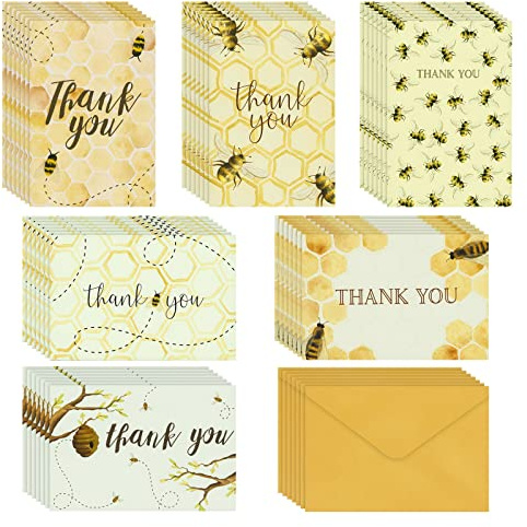 48 Pack Bumble Bee Thank you Cards with Envelopes for Baby Shower, Birthday, 6 Designs, Bulk Set (10.2 x 15.2 cm)