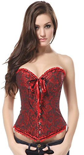 SZIVYSHI Corset Tops for Women, Bustier Shapewear Lingerie, Lace Waist Push Up Bodysuit Black and Red, Size M