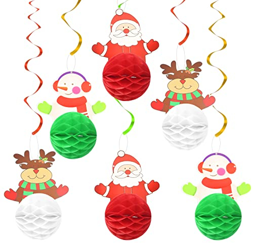 TGFIX 6Pcs Weihnachten Wabenkugeln Hängende Spirale Wabenbälle zum Aufhängen Wirbel Deko Weihnachtsdeko Set Weihnachtsmann Schneemann Elch Dekoration für Weihnachtsfeier Neujahr Party (3 Stil)