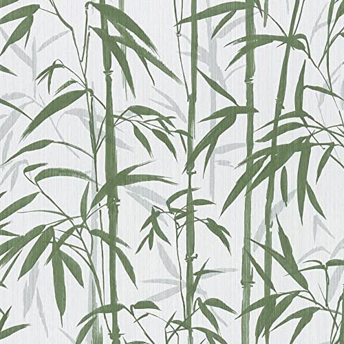 Full Roll Green White Bamboo Wallpaper Jungle Tropical Textured Vinyl