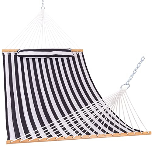 Lazy Daze Hammocks 12 FT Quilted Hammock with Spreader Bar, 2-Person Double Hammock with Chains and Pillow, Outdoor Hammock for Outside Patio Poolside Backyard Beach, 450 lbs Capacity, Black White