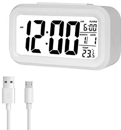 Jsdoin Réveil Numérique, Alarm Réveil LED avec Température, Fonction Snooze, 12/24H Conversión, du Calendrier, pour Chambre à Coucher, Bureau, Cuisine(Rechargeable, Blanc)
