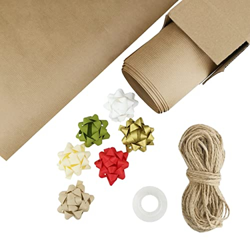 LEVIATAN Geschenkverpackungsset 10 Blatt (1050x1260mm) Kraftgeschenkpapier mit Jutegarn 50m 6 Stück selbstklebende Geschenkschleifen Klebeband hilfreiche Anleitung zum Einpacken von Geschenken