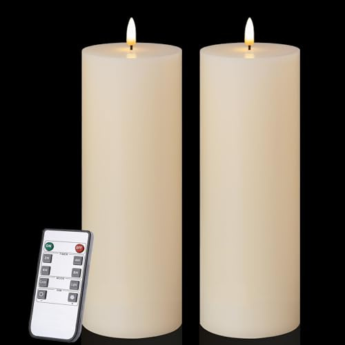 volnyus Flameless Candles Set of 2 (3x9 inch) Flickering LED Wax Candles Battery Operated with Remote Control Timers for Fall Decor/Night Light/Fireplace/Party Dimmable Ivory Pillars Flat top