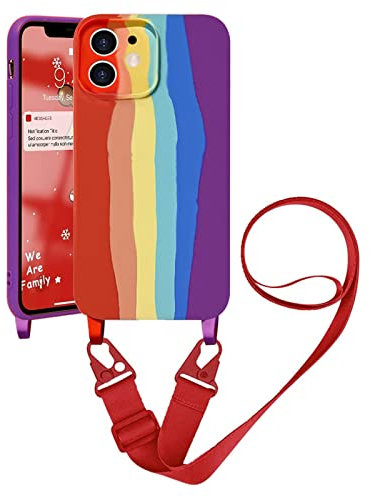 Handykette Handyhülle kompatibel mit Apple iPhone 12 Pro Max Necklace Hülle Nylon Schultergurt Weich Silikon TPU Cover mit Kordel zum Umhängen Schutzhülle mit Stylische Band(Regenbogenrot)