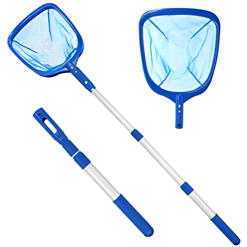 Newthinking Swimming Pool Fine Mesh Net and Adjustable Pole, Flat Pool Leaf Skimmer with Telescopic Pole for Cleaning Pools, Hot Tubs